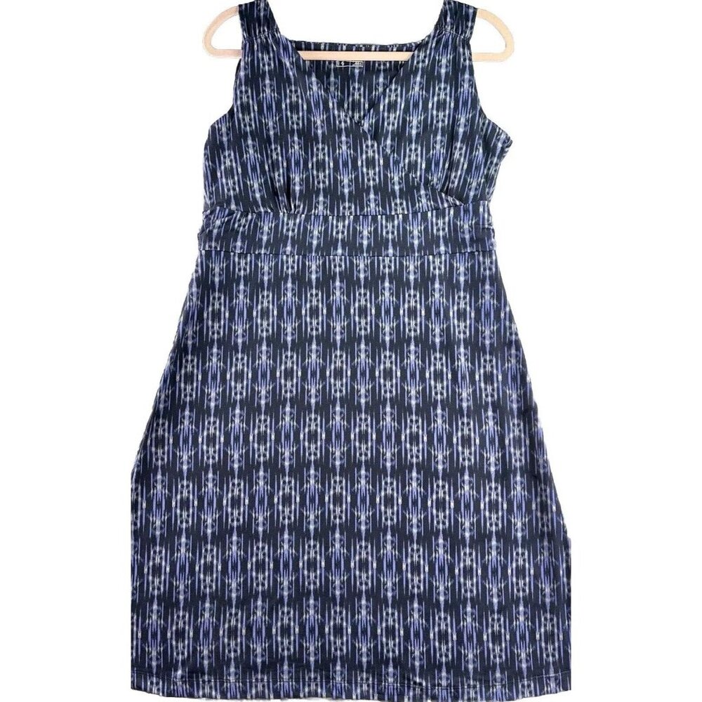 EDDIE BAUER Travex Dress Women’s Large Blue Geometric Surplice Faux Wrap Stretch